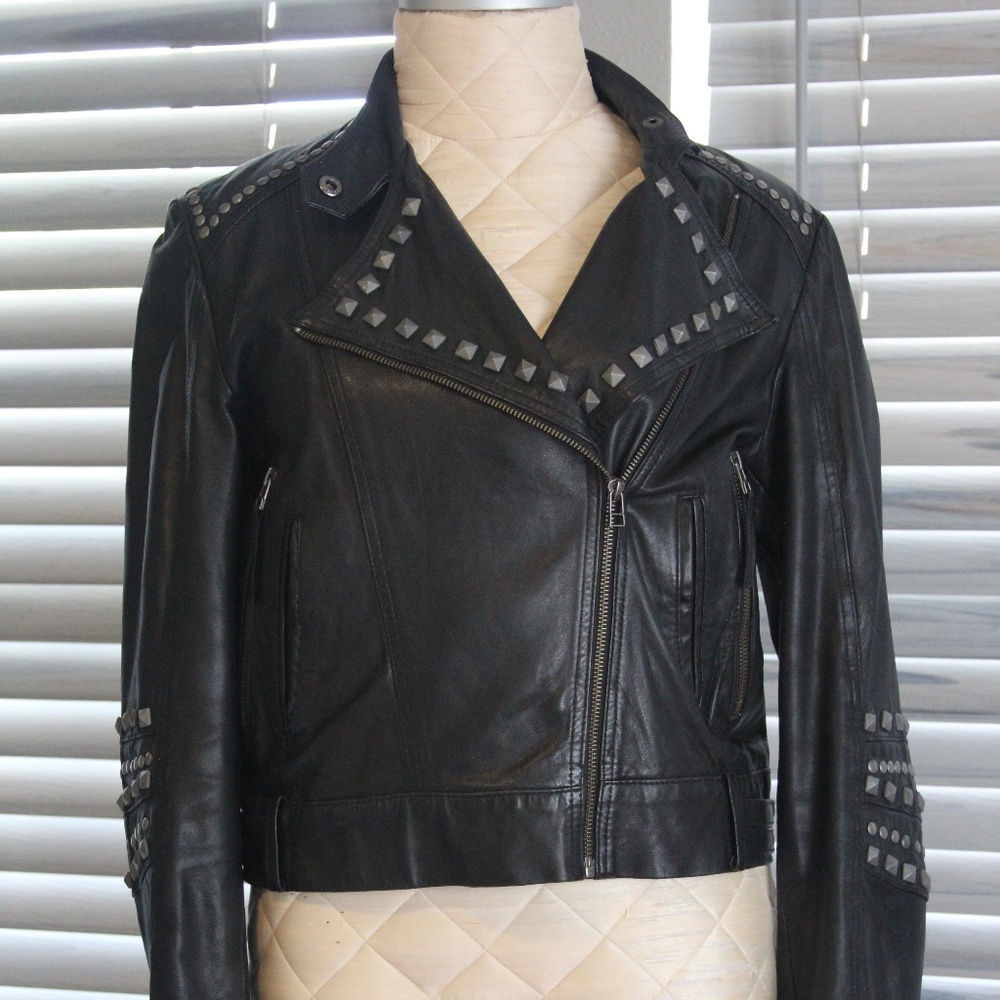 Vintage Ladies Studded Biker Lambskin Leather Crop Jacket Large